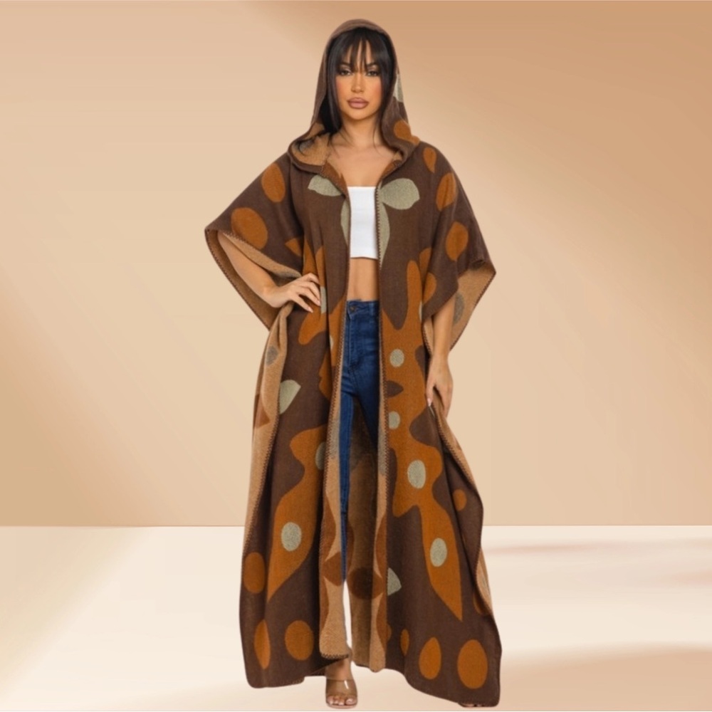 Brown Polka-Dot Hooded Maxi Cardigan